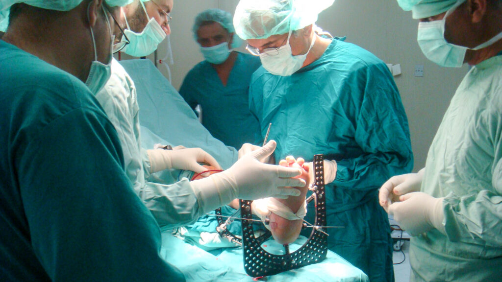 MIST surgeons and staff place an Ilizarov frame at Nasser Hospital Gaza